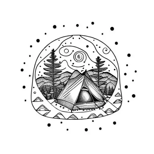 A dotwork tattoo depicting a serene camping scene under a starry night sky, surrounded by towering trees tattoo design idea