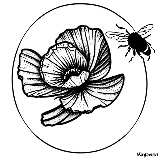 poppy mum and narcissus flowers with bees and mushrooms in fine line diamond tattoo design idea