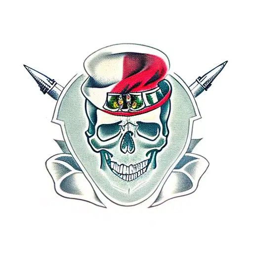 skull with green beret and PPCLI badge, commando dagger tattoo design idea