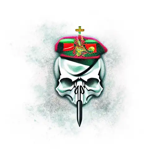 skull with green beret and PPCLI badge, commando dagger tattoo design idea