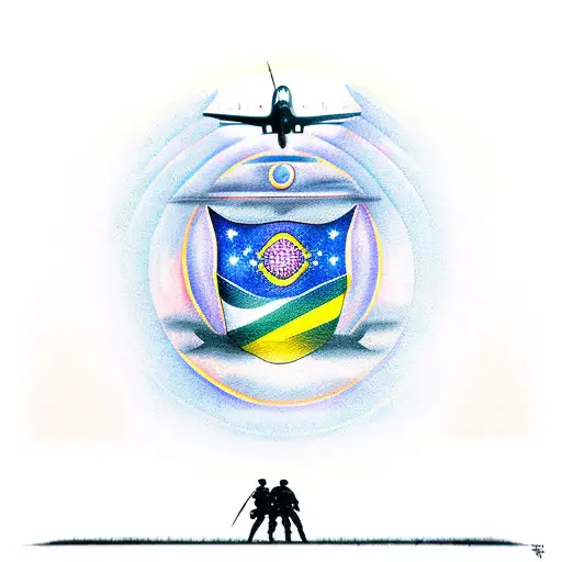 A tattoo design of a Brazilian infantry soldier standing in front of a beautiful sunset sky, with the silhouette of a fighter jet flying overhead tattoo design idea
