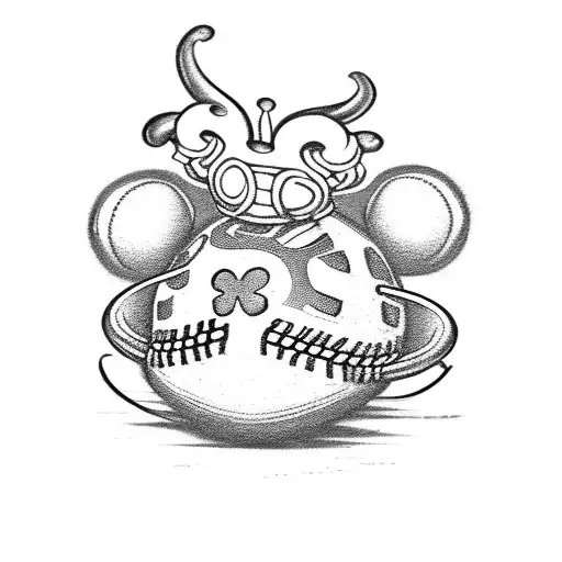 Mickey Mouse ears, shamrock, baseball, football, surrounding a curling stone tattoo design idea