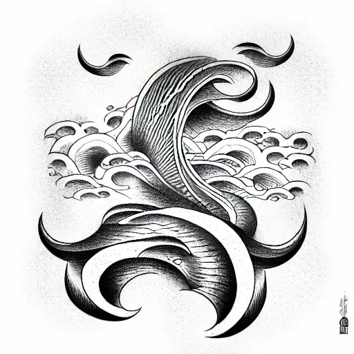 old school,ocean waves, psychotic, shading on one side, 3d, hypnotic tattoo design idea