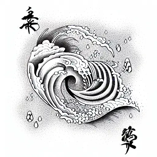 dangerous,ocean waves, psychotic, shading on one side, 3d, hypnotic tattoo design idea