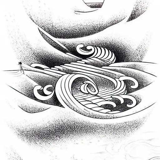 old school,ocean waves, psychotic, shading on one side, 3d, hypnotic tattoo design idea