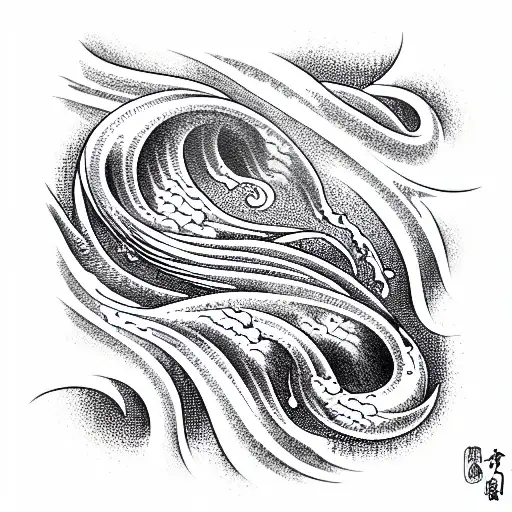 old school,ocean waves, psychotic, shading on one side, 3d, hypnotic tattoo design idea