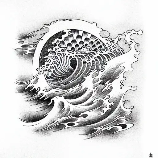 old school,ocean waves, psychotic, shading on one side, 3d, hypnotic tattoo design idea