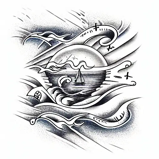 dangerous,ocean waves, psychotic, shading on one side, 3d, hypnotic tattoo design idea