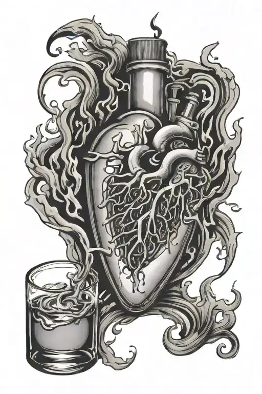 burning Molotov cocktail, human heart in a bottle tattoo design idea