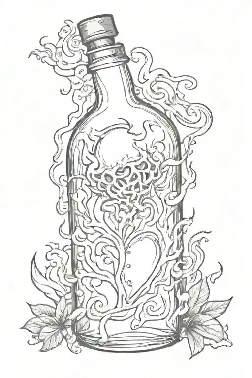 burning Molotov cocktail, inside the bottle is a human heart tattoo design idea