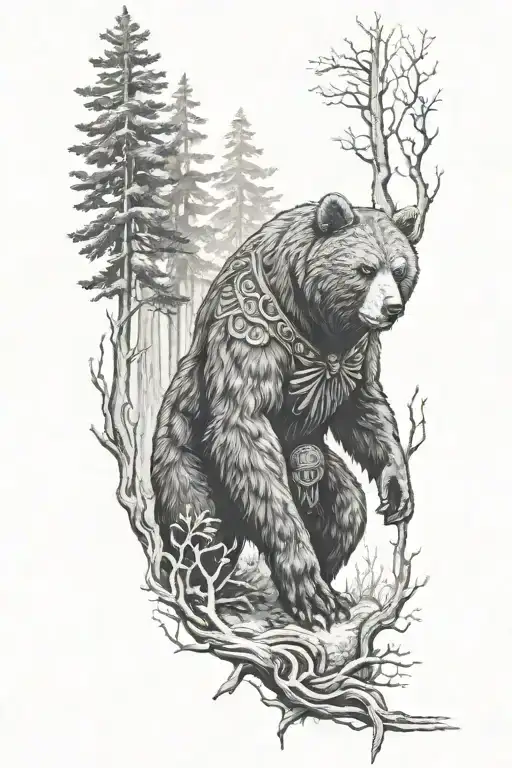 Slavic god Veles with a bear in the forest scene tattoo design idea