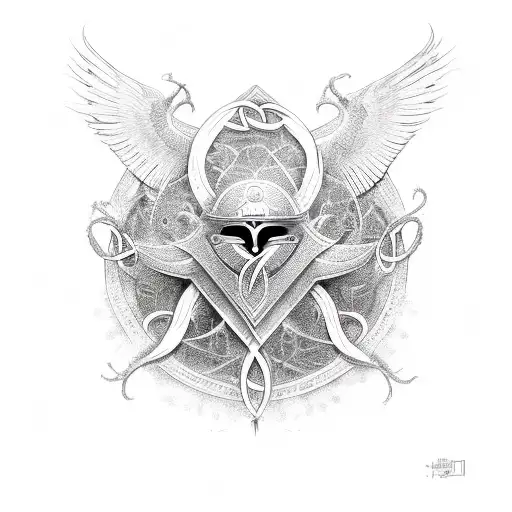 a combination of a phoenix rising, a Celtic dara knot, a lotus and the eye of horus tattoo design idea