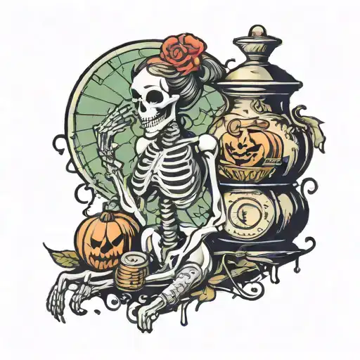 skeleton and money bag bitch prostitute tattoo design idea