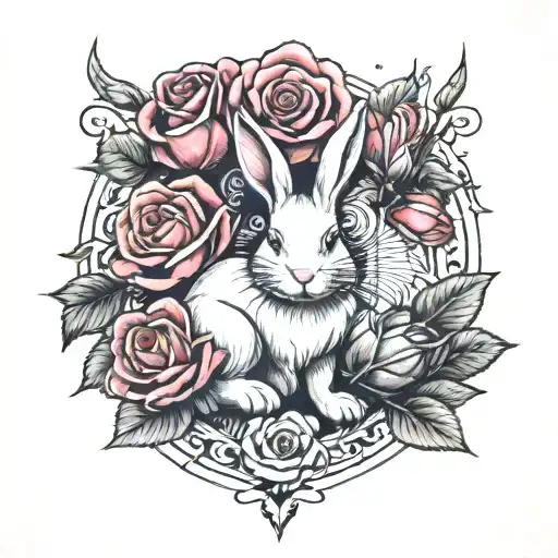 roses and bunny rabbit tattoo design idea