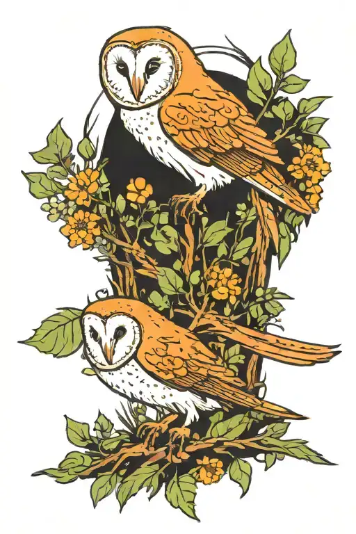 barn owl perched with a fox surrounded by foliage and wildflowers  tattoo design idea