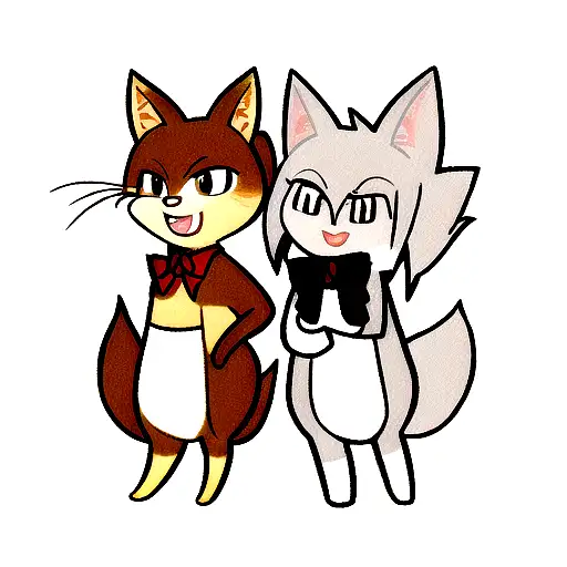 a fox and a squirrel mascotte friends standing up on two feet  tattoo design idea