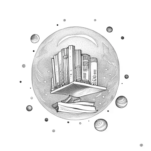 A moonlit library with books floating in the air tattoo design idea