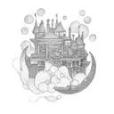 A moonlit library with books floating in the air tattoo design idea