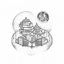 A moonlit library with books floating in the air tattoo design idea