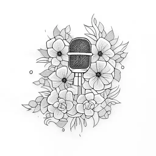 A blackwork tattoo of a microphone intertwined with a vine of flowers tattoo design idea