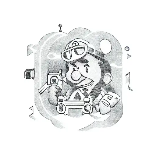 A new-school tattoo of an animated carpenter surrounded by video game characters tattoo design idea