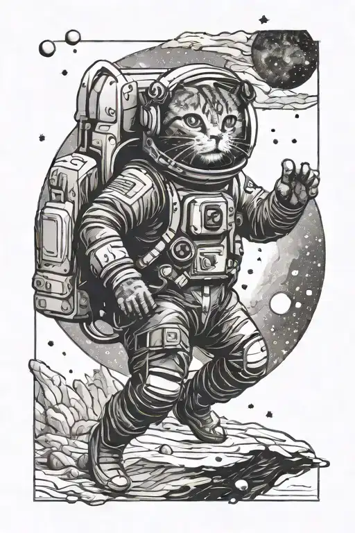 nature scene, cat astronaut floating in space, ovni, galaxy tattoo design idea