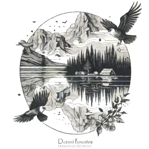 A serene lake reflecting the surrounding mountains, with a family of birds flying overhead, symbolizing the support and unity of family in leadership tattoo design idea