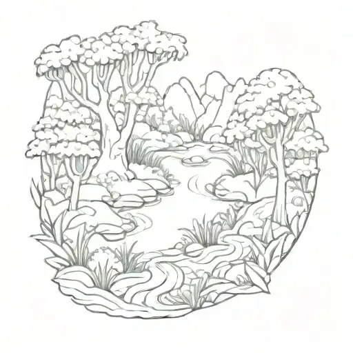 A winding stream meandering through a dense forest, with hidden animals peeking out from the trees, symbolizing the interconnectedness of nature and family tattoo design idea