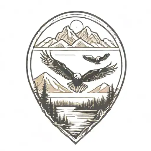 A Serene Lake Reflecting The Surrounding Mountains, With A Family Of Eagles Flying Overhead and a nest tattoo design idea