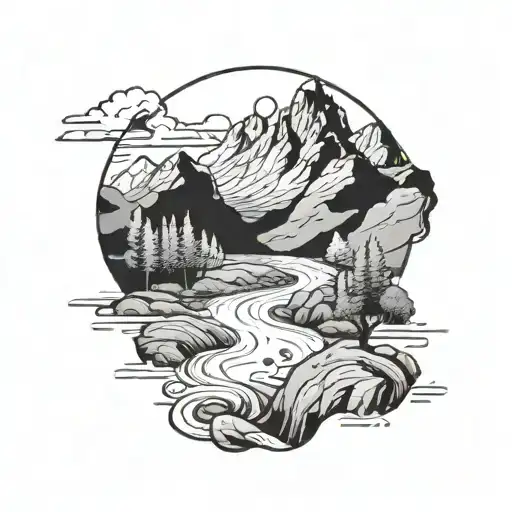 A serene mountain landscape with a flowing river running through it, symbolizing leadership and strength tattoo design idea
