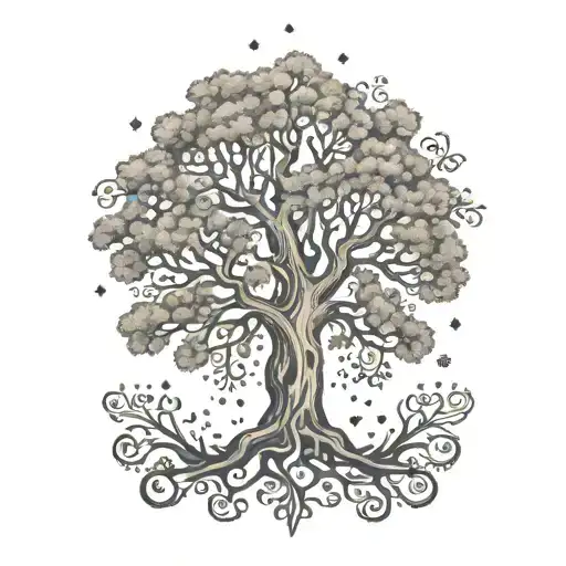 A dotwork tattoo of a majestic oak tree surrounded by various woodland creatures, symbolizing the client's love for nature and woodworking tattoo design idea