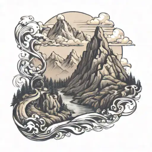 A majestic mountain peak with a winding river below, symbolizing the journey and challenges of leadership tattoo design idea