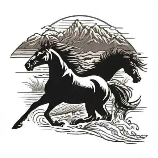 pack of wild horse running through a field with a river and mountains in the background tattoo design idea