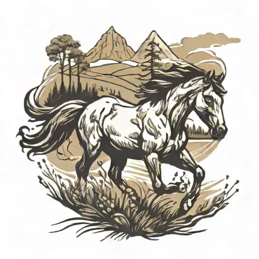 pack of wild horse running through a field with a river and mountains in the background tattoo design idea