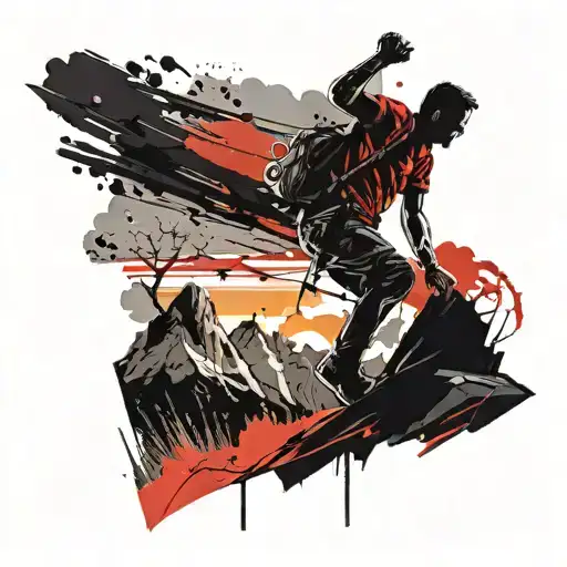 a Silhouette Of A man struggling to climb Mountain Peak With A Sunset In The Background tattoo design idea