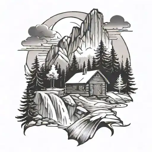 waterfall forest mountain sunrise cabin lonely tattoo design idea
