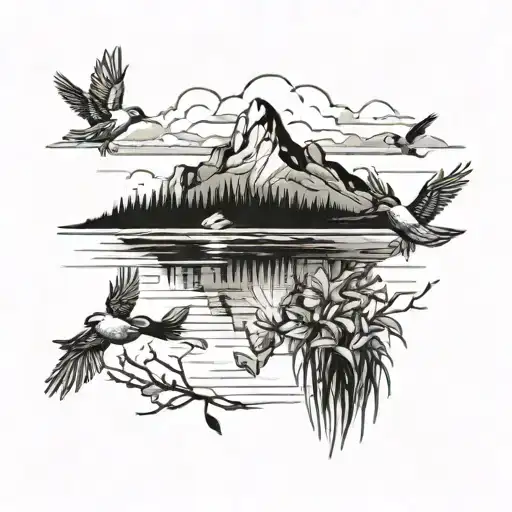 A serene lake reflecting the surrounding mountains, with a family of birds flying overhead, symbolizing the support and unity of family in leadership tattoo design idea