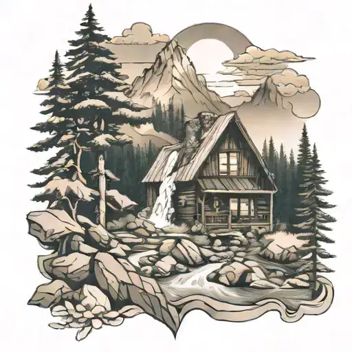 waterfall forest mountain sunrise cabin tattoo design idea