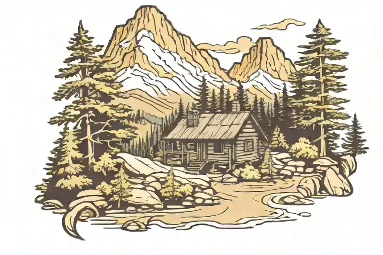 cabin beside a river in a forest below a mountain  tattoo design idea