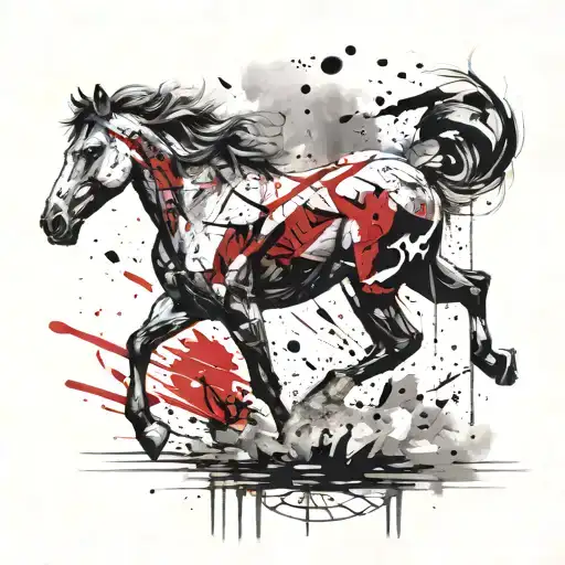 wild stallion running through a field with a river and mountains in the background tattoo design idea