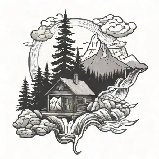 waterfall forest mountain sunrise cabin tattoo design idea