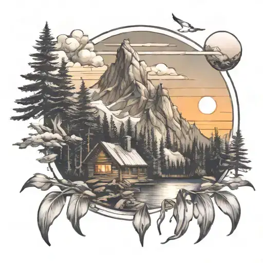 waterfall forest mountain sunrise cabin tattoo design idea