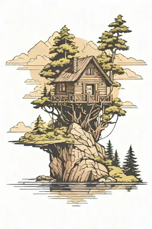 cabin on an island in the middle of a lake with mountains in the background  tattoo design idea