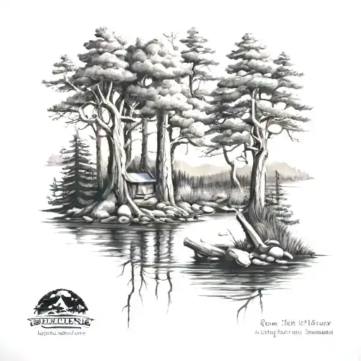 river mountain hammock forest lake tattoo design idea