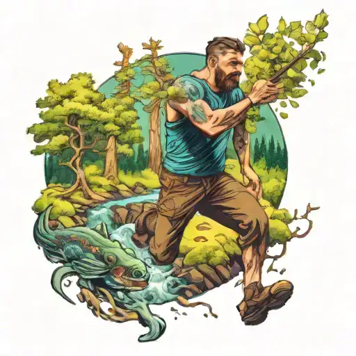 A man fighting his way through a forest with a stream and mountain tattoo design idea