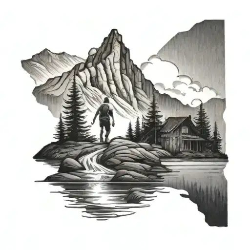 man walking upstream surrounded by forest and a mountain in the background.  tattoo design idea
