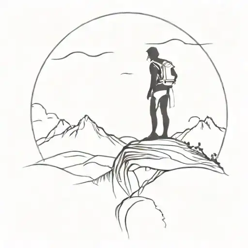 A silhouette of a hiker on a mountain peak with a sunset in the background tattoo design idea