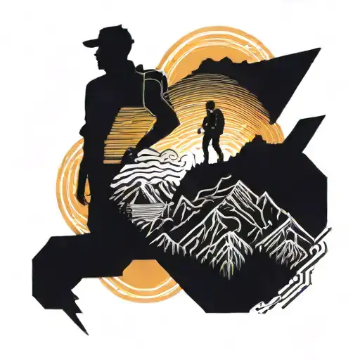 A silhouette of a hiker on a mountain peak with a sunset in the background tattoo design idea