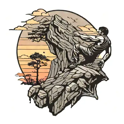 A man struggling to climb Mountain With A Sunset In The Background tattoo design idea