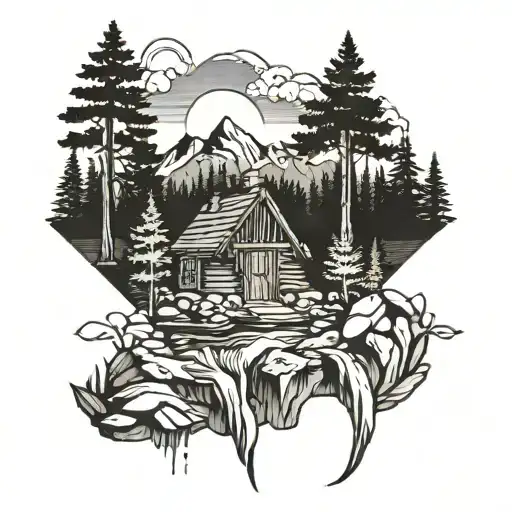 waterfall forest mountain sunrise cabin tattoo design idea